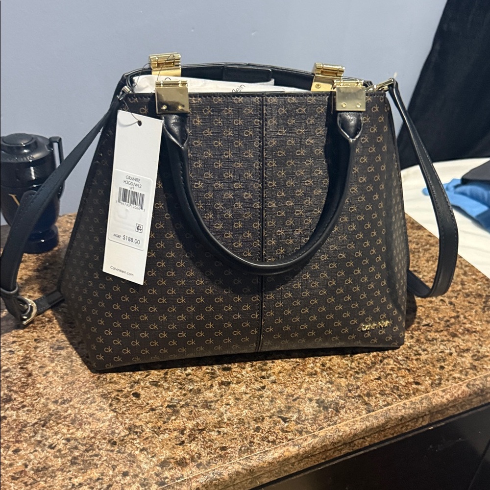 Calvin Klein Black and Brown Monogram Satchel